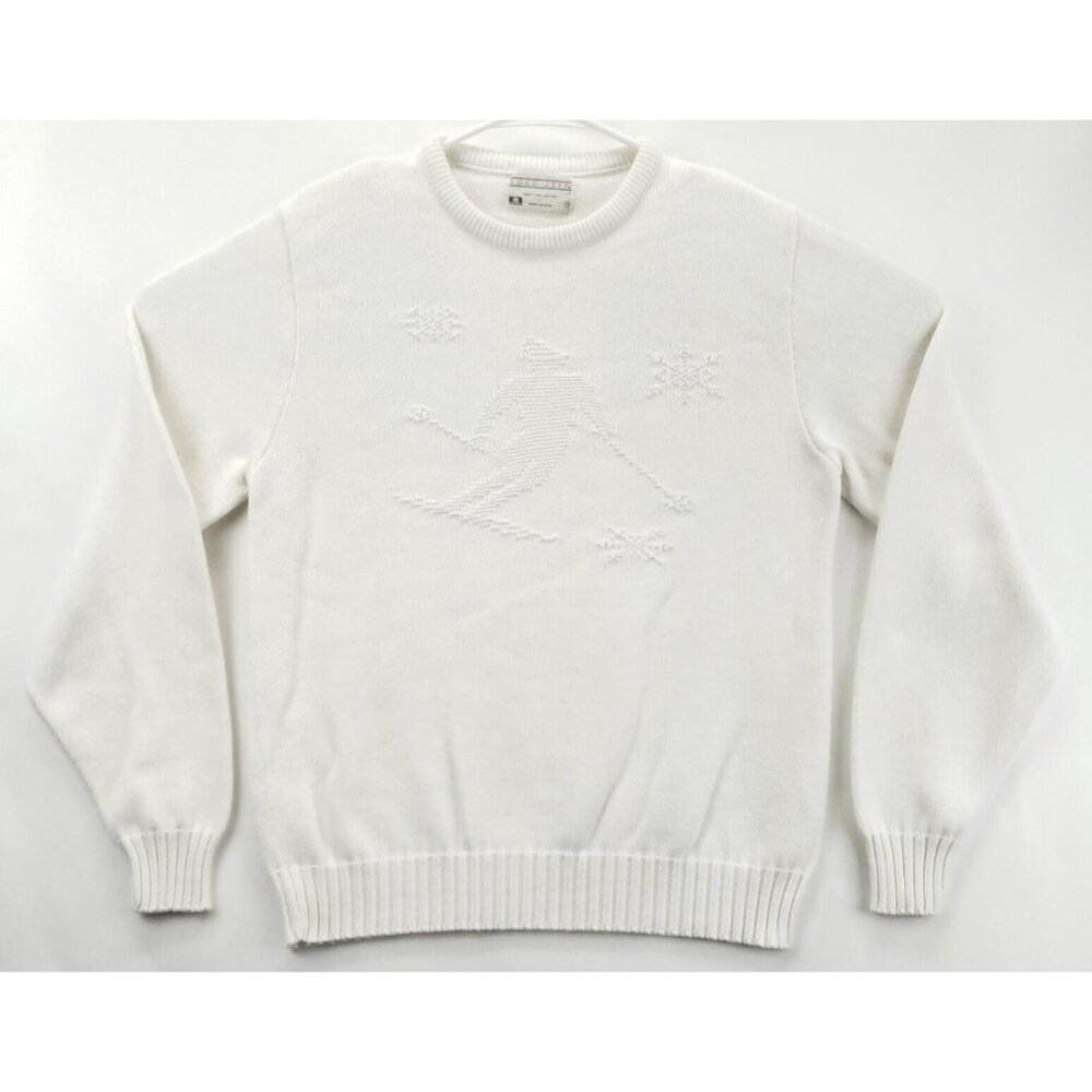 Lord Jeff Sweater Mens Medium White Knitted USA Made Fine Cotton Crew Neck Ski